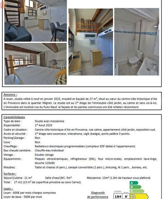 Studio meublé 27m² Aix-en-Provence centre-ville historique - Refait à neuf, équipé - Photo 2