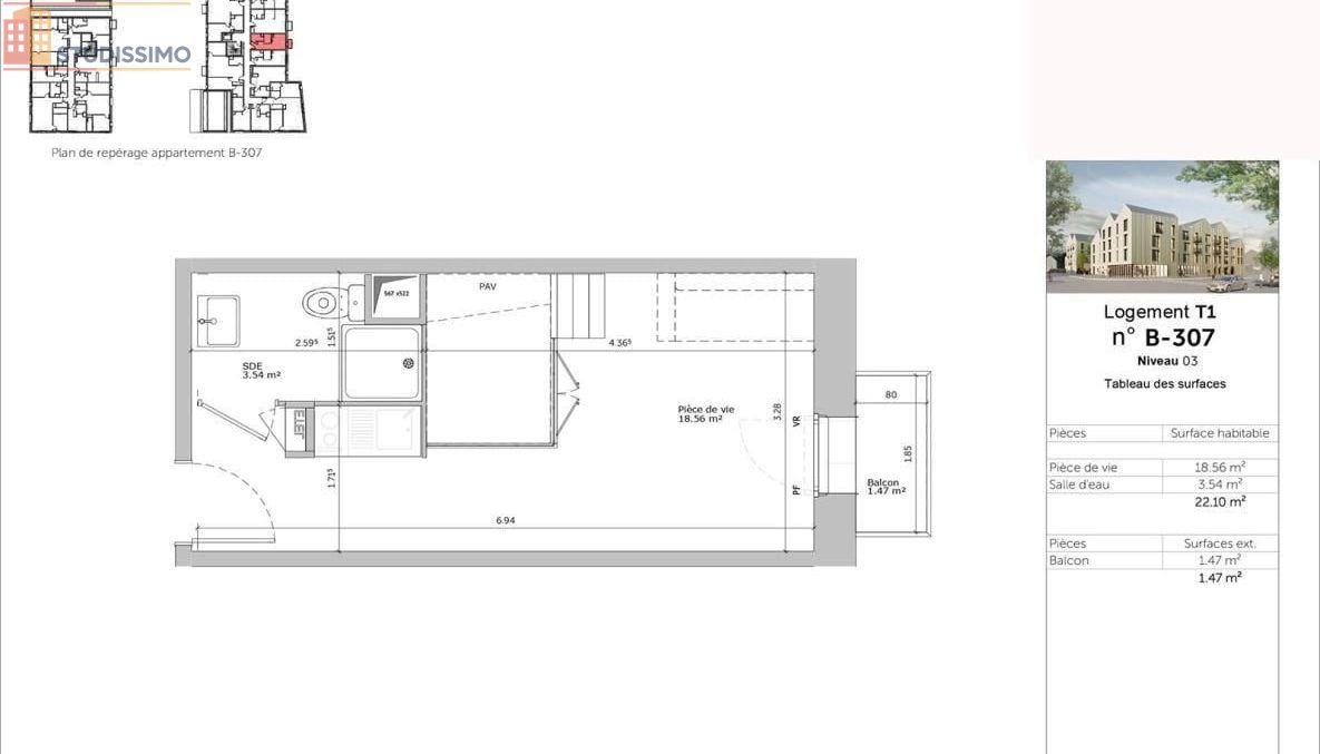 Studio meublé 22m² Louviers - Meublé, DPE C - Photo 1