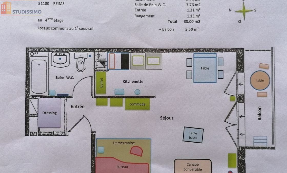 Studio meublé 30m² Reims 51100 - Meublé, étage élevé - Photo 2