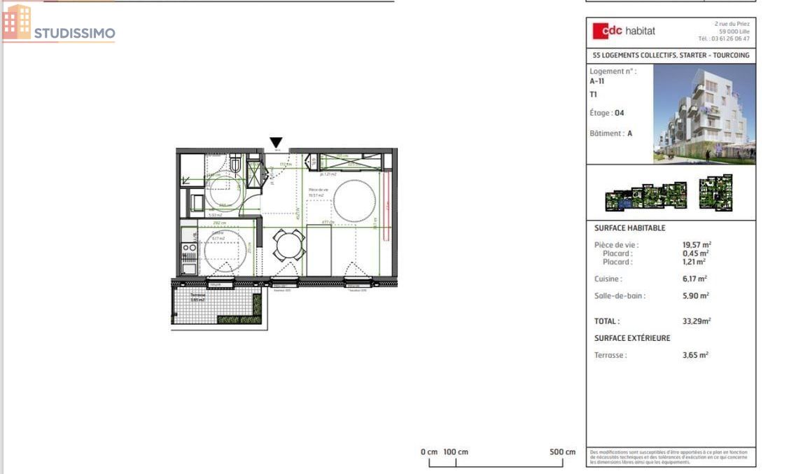 Studio 33m² Tourcoing - Étage élevé, DPE C - Photo 1