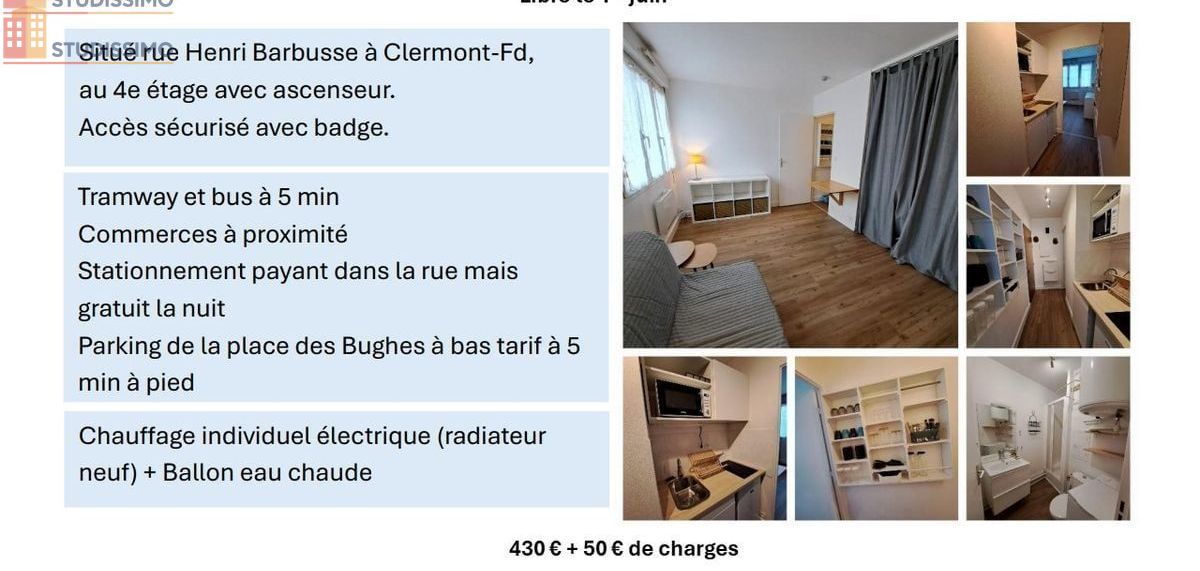 Studio meublé 20m² Clermont-Ferrand - Rénové, ascenseur - Photo 2