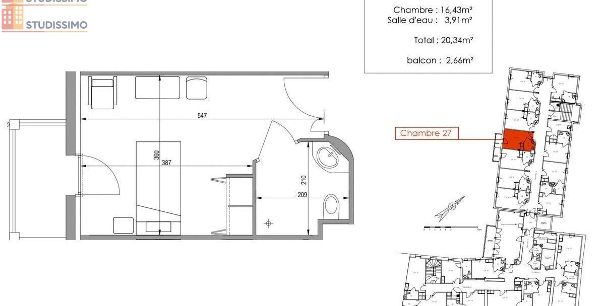 Studio 20m² Randan - Balcon, loué (bail commercial) - Photo 1
